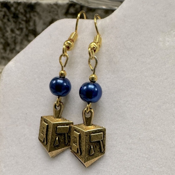 “Dreidel” Drop Earrings in Gold with a Navy Faux Pearl & Metal Bead Accent - Picture 2 of 2